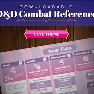 May include: A printable Dungeons and Dragons combat reference sheet with a cute theme. The sheet is pink and purple with illustrations of a bard and a wizard. The sheet includes sections for move, action, bonus action, communicate, and interact. The sheet also includes a section for reaction and a section for during other turns.