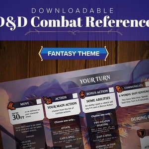 May include: A printable Dungeons and Dragons combat reference sheet with a fantasy theme. The sheet includes sections for Move, Action, Bonus Action, Communicate, and During Other's Turn. The sheet is designed to help players and Dungeon Masters keep track of their actions during combat.