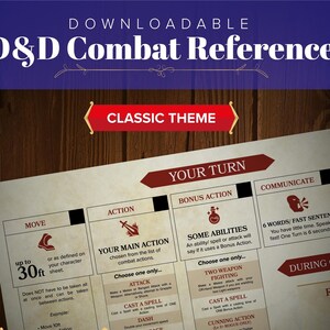 May include: A printable D&D combat reference sheet with a classic theme. The sheet is divided into sections for your turn, during other's turns, and reactions. Each section includes a list of actions, abilities, and options for players to choose from during combat.