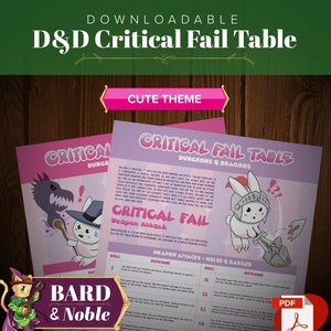 May include: A printable Dungeons & Dragons critical fail table with a cute theme. The table features a pink background with a white bunny in armour holding a sword. The table includes a roll column and an outcome column.