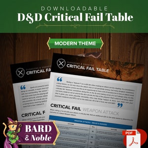 May include: A printable Dungeons & Dragons critical fail table with a modern theme. The table is designed to help Dungeon Masters add a bit of narrative fun to their games. The table includes a section for weapon attacks and a section for spell attacks.