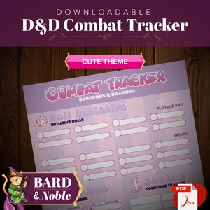 May include: A printable Dungeons & Dragons combat tracker with a cute theme. The tracker features a pink and purple colour scheme with a cartoonish font. It includes sections for initiative rolls, player and NPC information, enemies, and a status tracker.