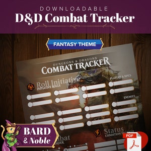 Puede incluir: Un rastreador de combate de Dungeons & Dragons imprimible con un tema de fantasía. El rastreador incluye espacios para tiradas de iniciativa, nombres de jugadores y PNJ, y nombres de enemigos. También incluye un rastreador de condición de estado.