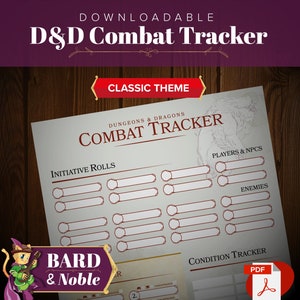 Puede incluir: Un rastreador de combate de Dungeons & Dragons imprimible con un tema clásico. El rastreador incluye espacios para tiradas de iniciativa, nombres de jugadores y PNJ, y nombres de enemigos. También incluye un rastreador de condiciones.