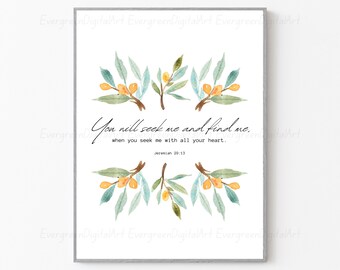 Jeremías 29:13 Descarga digital / Me buscaréis y me encontraréis, cuando me busquéis de todo vuestro corazón. / Versículo de la Biblia Descargar / Arte mural