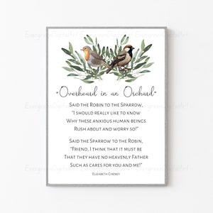 Pode incluir: Uma ilustração em aquarela de dois pássaros, um pintarroxo e um pardal, empoleirados em um galho de folhas verdes. A ilustração é acompanhada por um poema intitulado "Overheard in an Orchard" de Elizabeth Cheney.