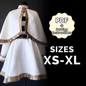 May include: A white costume with gold trim, cape, and skirt, with a black belt. The image includes text that reads "PDF + Sewing Instructions" and "SIZES XS-XL".