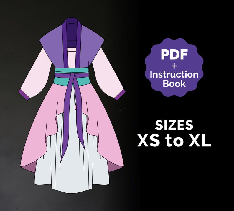 May include: A digital illustration of a pink and purple dress with a teal sash and a purple ribbon. The image includes the text "PDF + Instruction Book" and "SIZES XS to XL".
