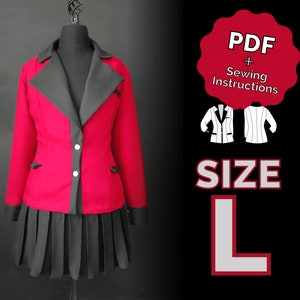 May include: A red and black blazer with a black skirt. The image includes the text "PDF + Sewing Instructions" and "SIZE L".