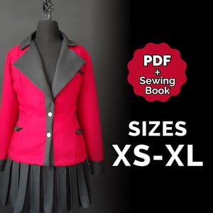 May include: A red blazer with a black collar and cuffs, paired with a pleated black skirt, displayed on a mannequin. The blazer has two white buttons and small pockets. Text on the side reads "PDF + Sewing Book" and "SIZES XS-XL".