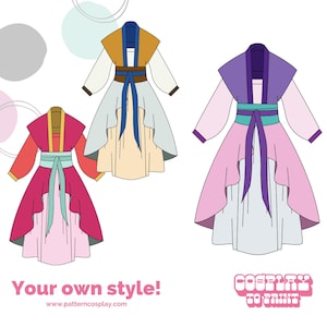 May include: Three different styles of printable cosplay patterns. Each pattern features a long, flowing skirt with a contrasting coloured sash and a top with long sleeves. The patterns are available in yellow, purple, and red.