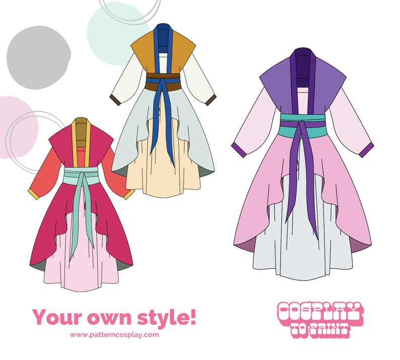 May include: Three different styles of printable cosplay patterns. Each pattern features a long, flowing skirt with a contrasting coloured sash and a top with long sleeves. The patterns are available in yellow, purple, and red.