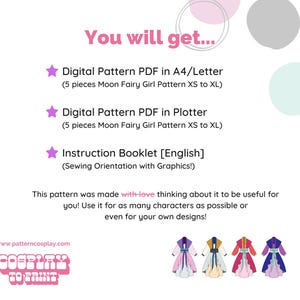 May include: A digital pattern for a Moon Fairy Girl costume, available in A4/Letter and Plotter sizes. The pattern includes five sizes, from XS to XL, and comes with an instruction booklet in English. The image shows four different colour variations of the costume.