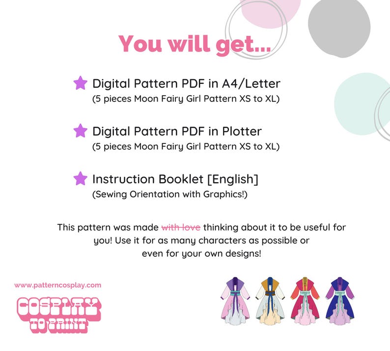 May include: A digital pattern for a Moon Fairy Girl costume, available in A4/Letter and Plotter sizes. The pattern includes five sizes, from XS to XL, and comes with an instruction booklet in English. The image shows four different colour variations of the costume.