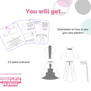 May include: A five-piece costume sewing pattern with instructions on how to sew the pattern. The pattern includes a top, skirt, jacket, and two belts. The text "You will get... A 5 piece costume!" and "www.patterncosplay.com" is visible on the image.