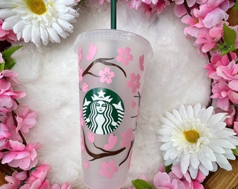 Reusable plastic cup - Starbucks cold cup - pink flower customization - customizable with first name