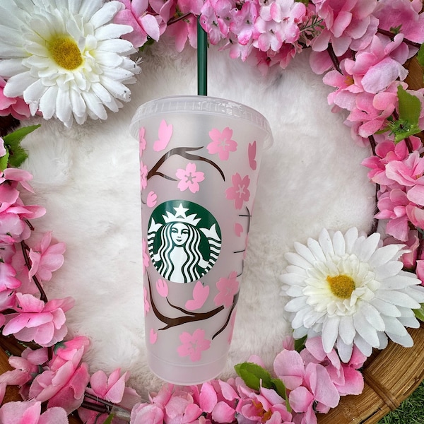 Gobelet en plastique réutilisable - Starbucks cold cup - customisation fleur rose - personnalisable avec prénom