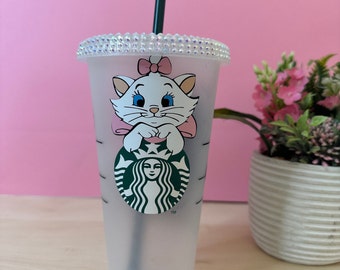 Gobelet réutilisable Starbuck cold cup - aristochat - chat  blanc et rose personnalisable avec prénom