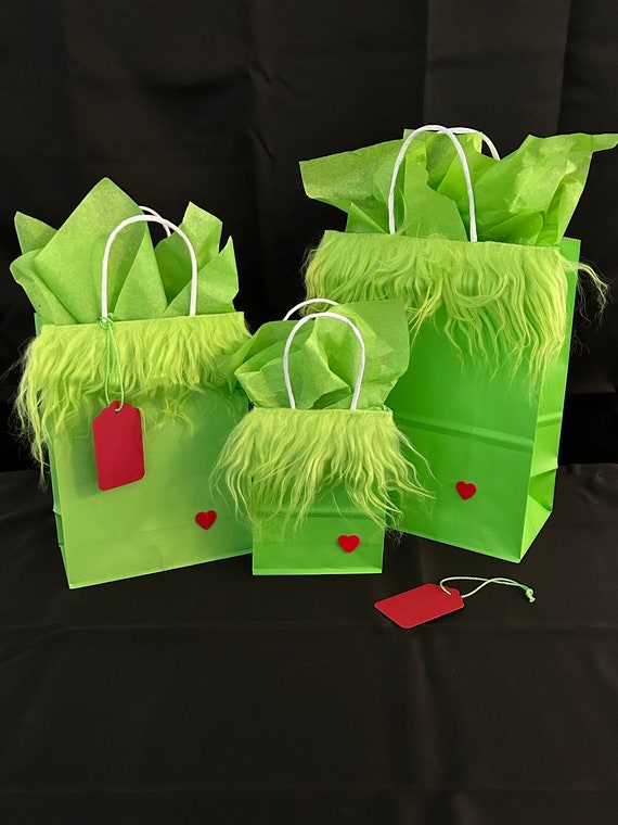 Furry GRINCH Body Gift Bags With Tiny Red WOODEN Heart Tags & Green Tissue  Paper Included. 3 Size Options. Christmas Gifts. 