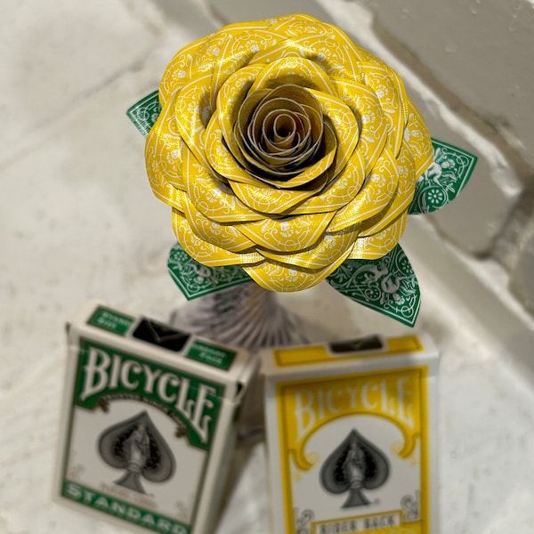 Yellow PLAYING CARD Rose. 1 Single Stem flower made from yellow and green Bicycle Rider Back playing cards. Card Collector gift, anniversary