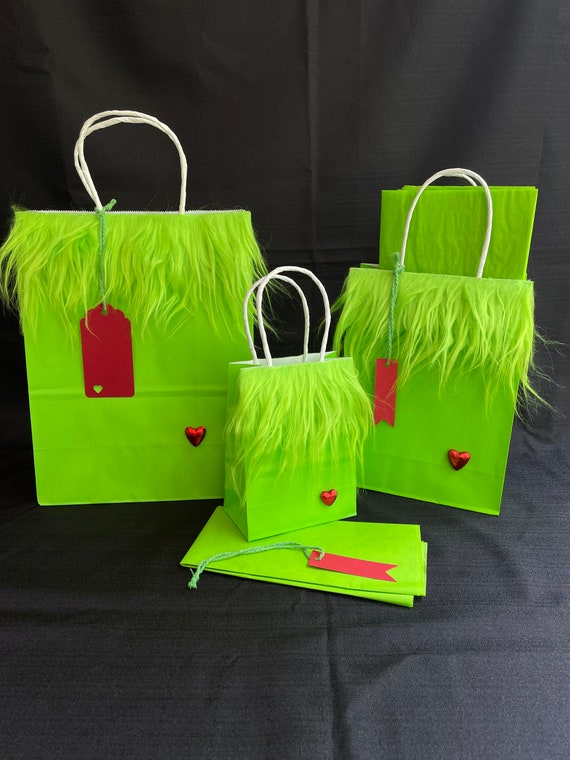 Furry GRINCH Gift Bags With SHINY Red Puffy Heart With Tags & Tons of Green  Tissue Paper. 3 Size Options. Green Grinch Fur. Christmas Gifts 