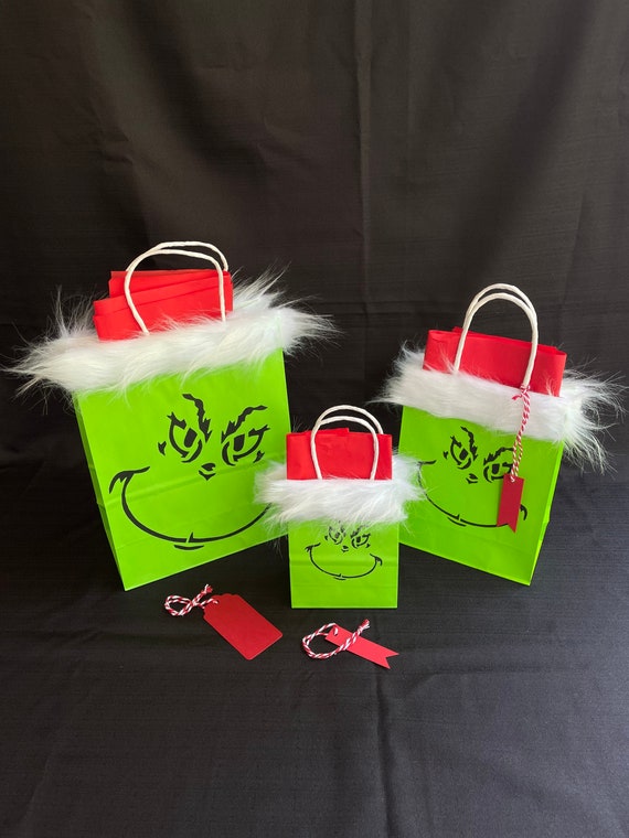 GRINCH Gift Bag With Santa Hat Bright Red Tissue hat W FUR Around