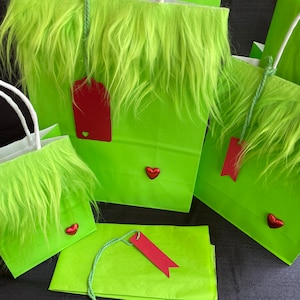 Furry Gift Bags with SHINY red puffy heart! With tags & tons of green tissue paper. 3 size options. Grinchy green fur. Christmas gifts