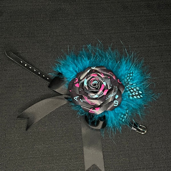 Black Punk Cybercity PLAYING CARD Rose Corsage with pink and turquoise suits, turquoise feathers, black satin bow & leatherette wrist belt