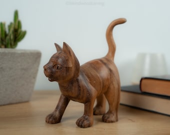 Cat walking sculpture 7 Inch / 17 cm Wood Statue, Wood Carving, Figurine, Home Decor, Ornament, Birthday Gift, Handmade.