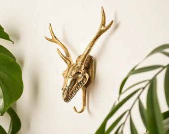 Brass Deer Skull Hook, Wall Decor, Cloth Hanger (8.5 Inch)