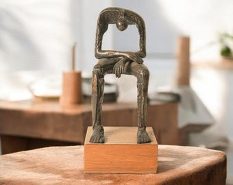 Wooden Base Memorial Copper or Sterling Statue, Seated Modern Bronze Sculpture 18 Inch / 45 cm, Abstract Art, Seated Giant, Room Decor