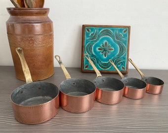 Gorgeous Set of French MINI Copper Pans, Graduated Set of 5 Small Saucepans/Measuring Cups with Brass Handles.
