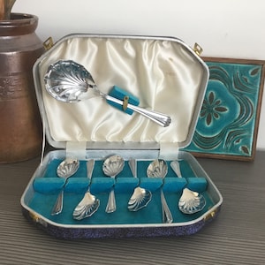 Può includere: Un set di cucchiaini da zucchero d'argento in una custodia foderata in velluto blu. I cucchiaini hanno un design a conchiglia e sono disposti in fila. C'è anche un cucchiaio d'argento più grande con un design a conchiglia nella custodia.