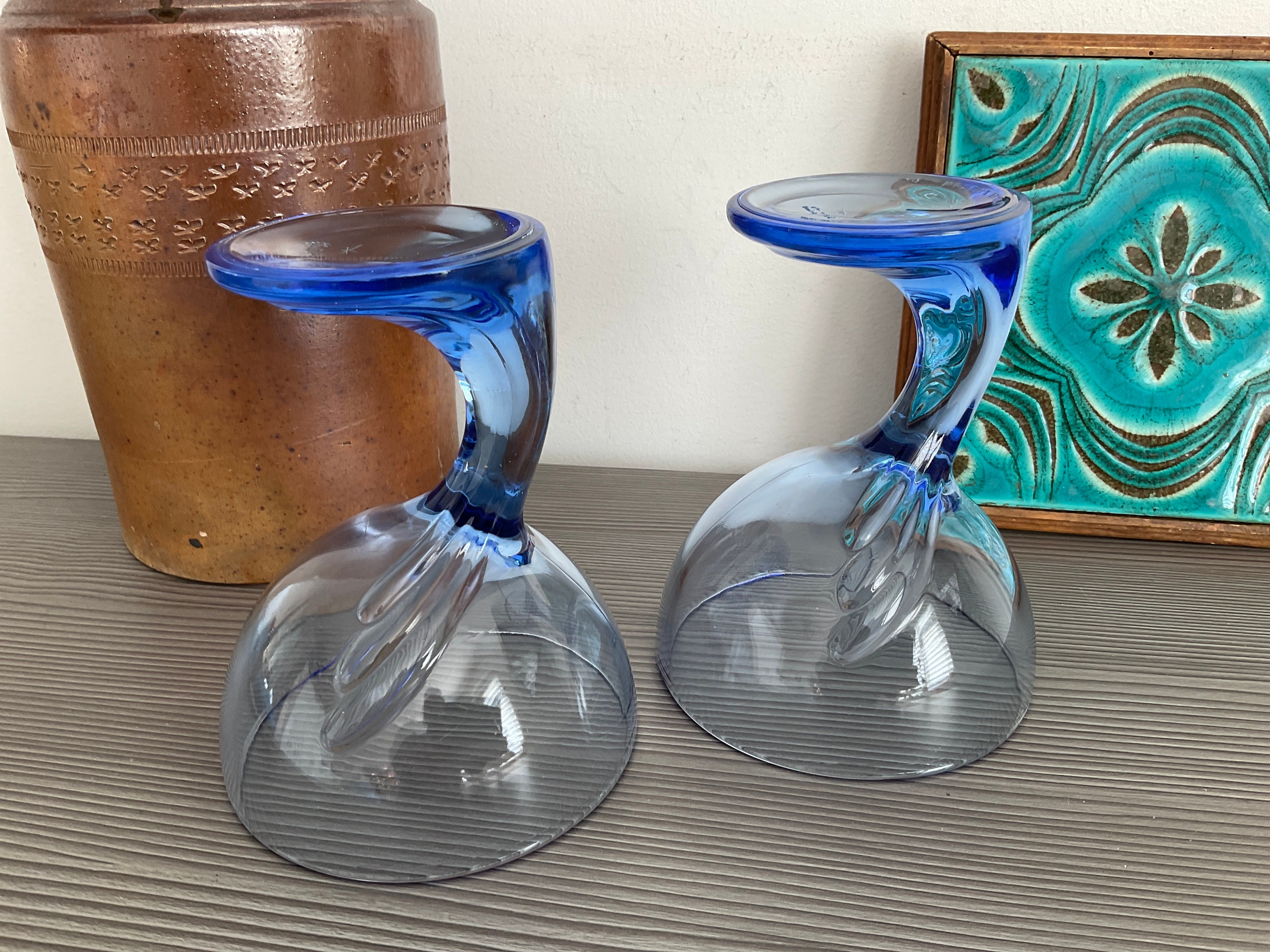 Vintage Bormioli Rocco Cocktail Glasses Retro Blue Stemmed Dessert Bowls 
