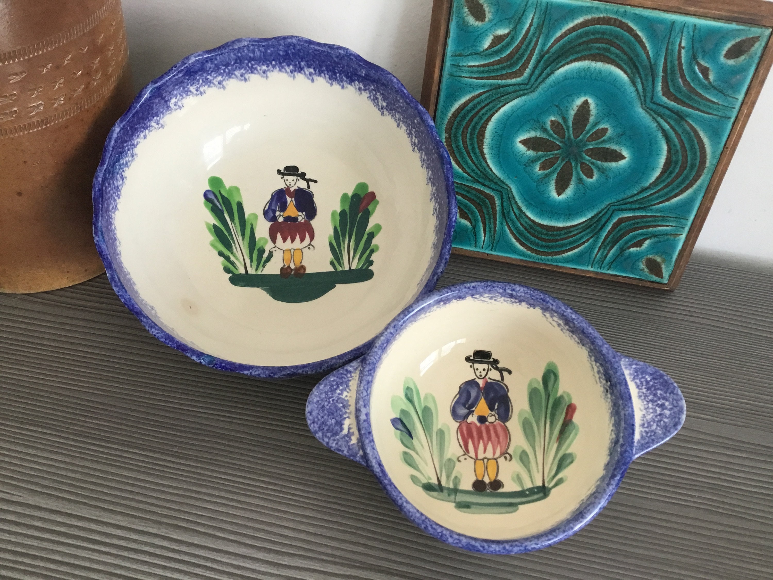 Vintage BRETAGNE Hand Painted Bowls, French Pottery,