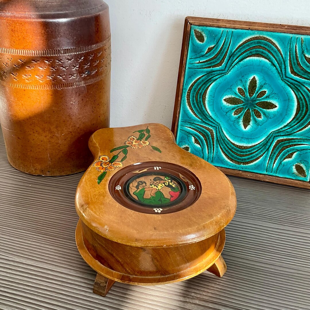 Boîte à Musique Vintage à Bijoux - Décor Colombine En Bois - Mécanisme Fonctionnel