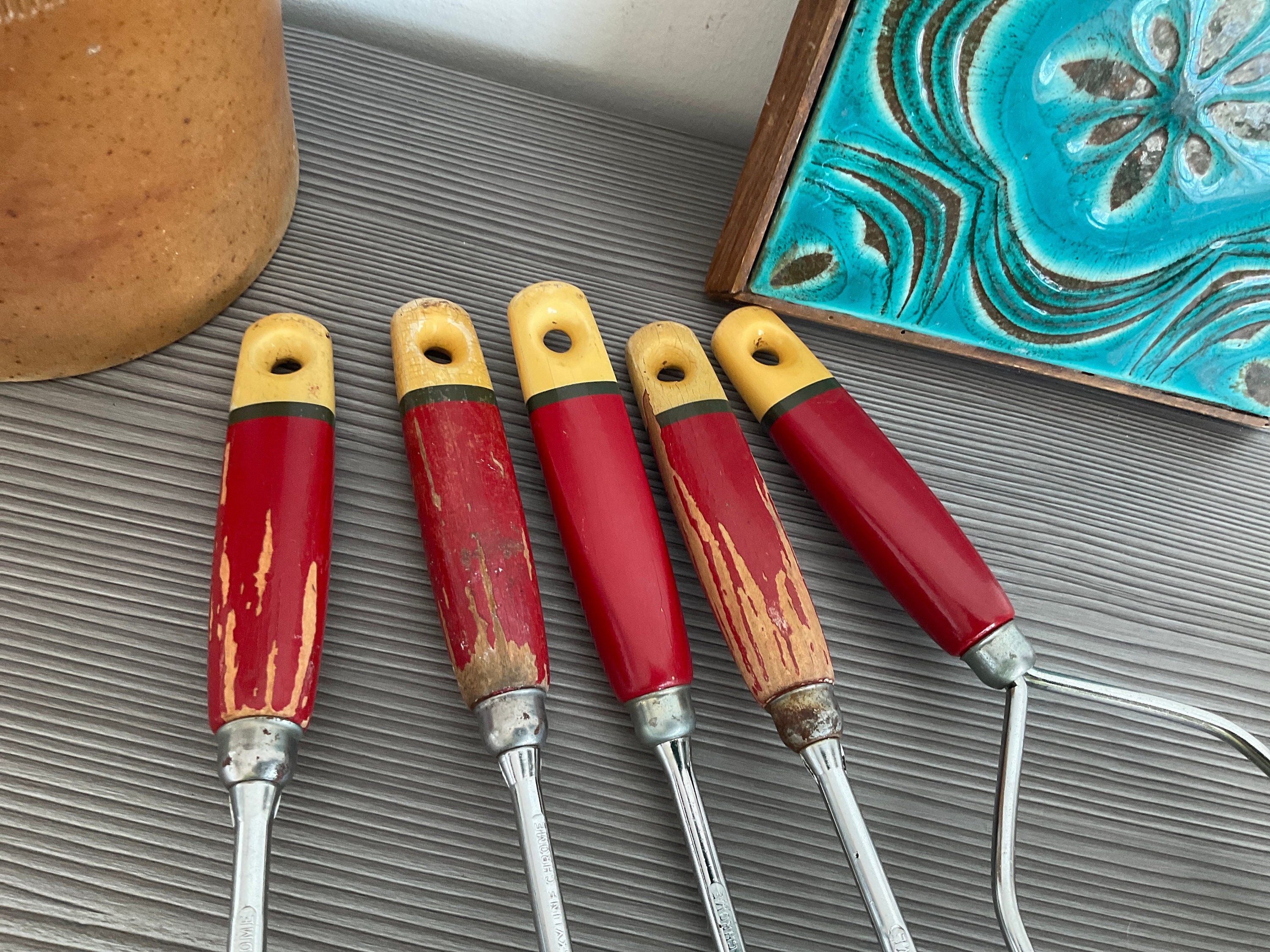 Fabulous 1950s Red SKYLINE Kitchen Utensils, English Retro Kitchenalia