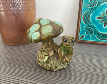 Super Cute Studio Pottery Frog Statue, Frog and Toadstool Ornament, Handmade,