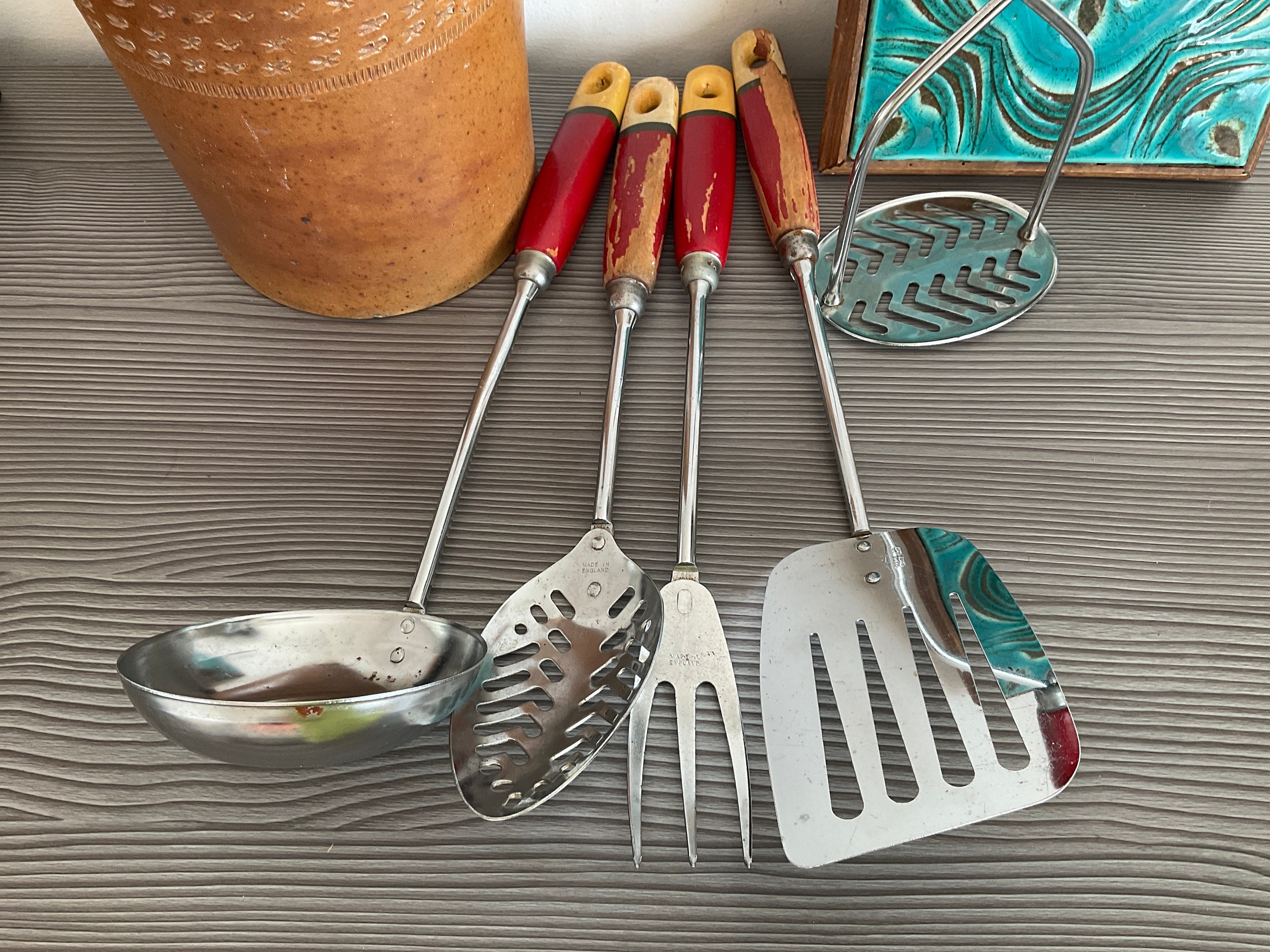 Fabulous 1950s Red SKYLINE Kitchen Utensils, English Retro Kitchenalia