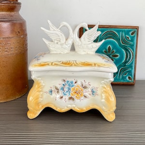 Sweet Vintage Italian Porcelain Footed Box with Floral Decoration and Swan Handle