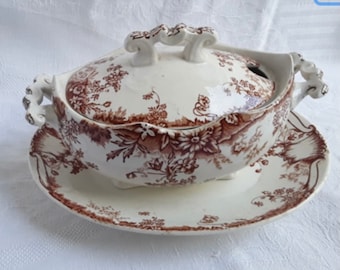Wonderful Antique Covered Saucier and Matching Under plate, Brown Transfer IronstoneTable ware