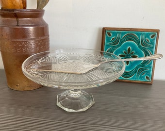 Vintage Pressed Glass Cake Stand, Clear Glass Pedestal Plate, Table Centerpiece