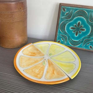 Vintage Hand Painted Italian Citrus Plates, 1 Orange and 1 Lemon Plates, Funky Barware