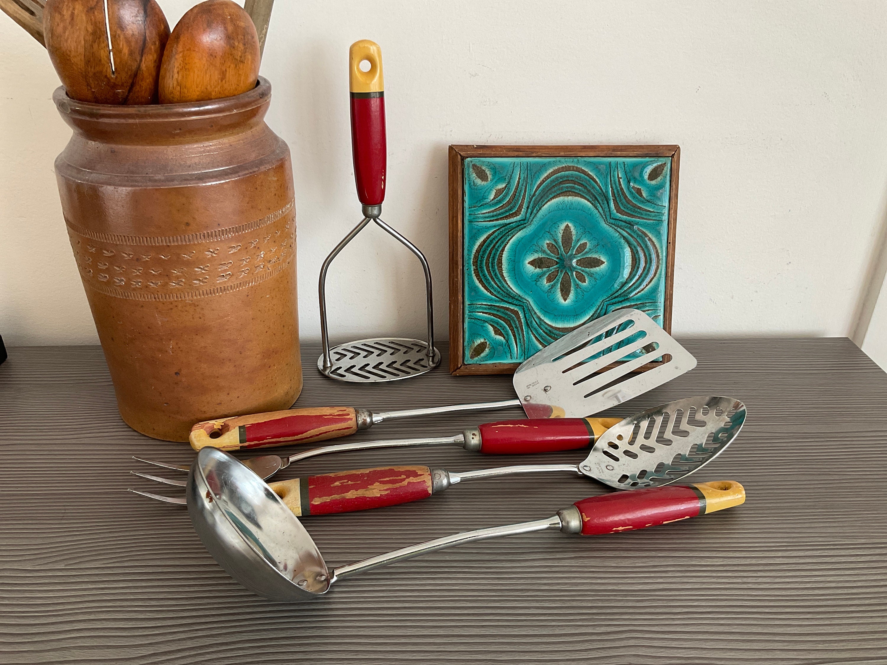 Fabulous 1950s Red SKYLINE Kitchen Utensils, English Retro Kitchenalia
