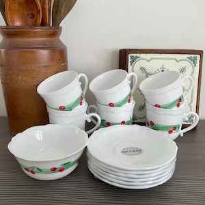 Vintage ARCOPAL Tea Set, French Cups and Saucers, Cherry Design, 1970s