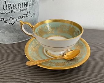Vintage AYNSLEY Imperial 193 Cup and Saucer, Hard to Find Nile Green, Gold Encrusted Scroll Decoration