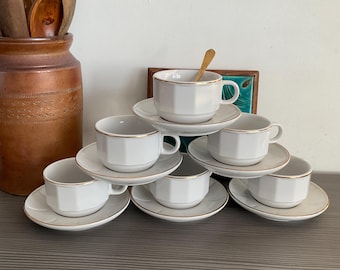 Vintage “Whittard of Chelsea” White and Gold Coffee Cups and Saucers, set of 6 French Style
