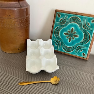 White Ceramic Egg Holder: Kitchen Storage Tray, Holds 6 Eggs