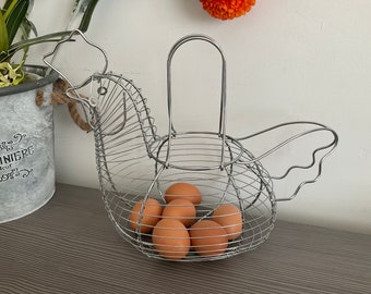 Wired Chicken Basket, Silver Metal Egg Basket, Farmhouse Kitchen