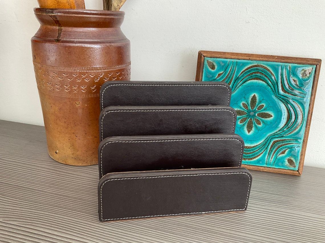 Leather Book Rack Smart Faux Leather Letter Rack, Brown Leatherette 3 Section Desk Tidy ...